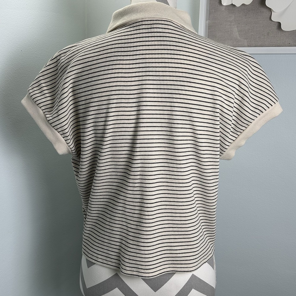Atelier By Kirious Small Woman Boxy Cropped Short Sleeve Polo Beige Black Stripe - Picture 2 of 8